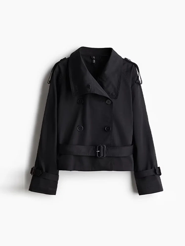 Women's tailored wool blend double-breasted coat with belted waist and high collar, professional style