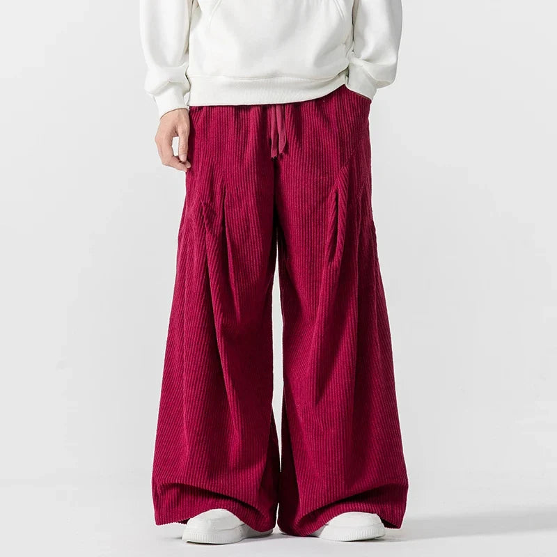 Women's corduroy hakama pants flared wide-leg silhouette elastic waist pleated oversized fit