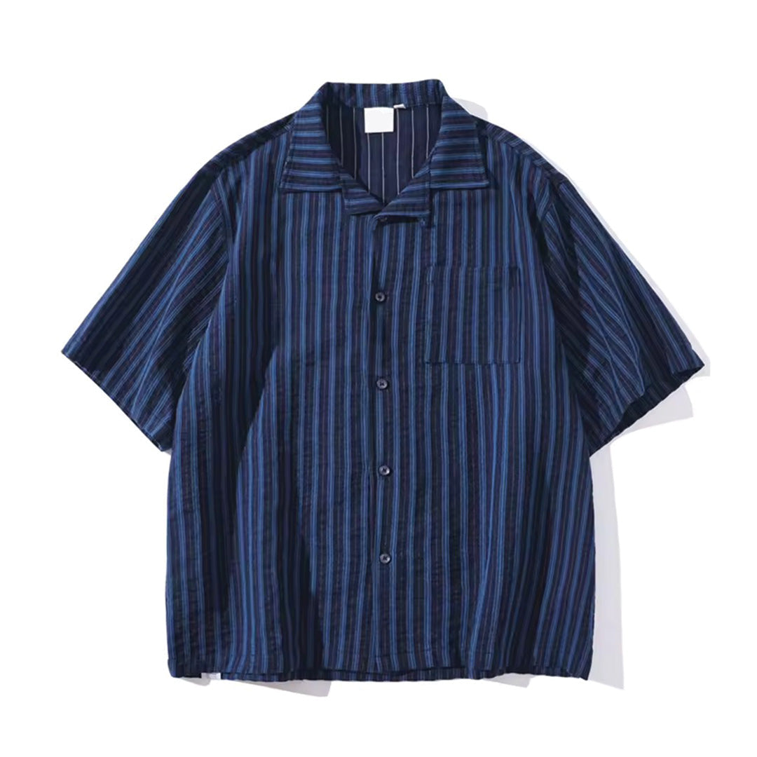 Men's striped cotton linen shirt relaxed fit turn-down collar 70s-inspired earthy tones layering essential