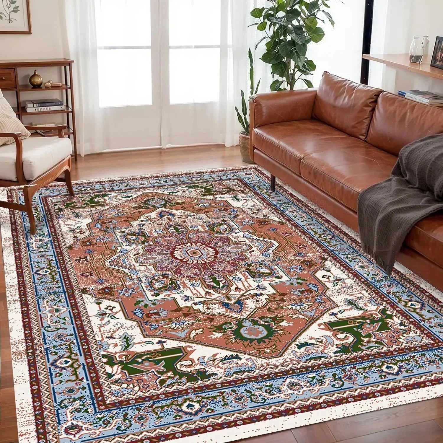 VIKAMA large bohemian area rug non-slip backing easy-care design for living room floor decor