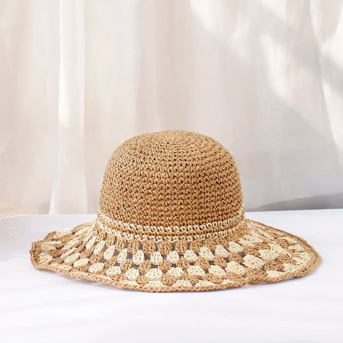 Women's boho sun hat hand-crocheted wide brim color block pattern beach summer accessory