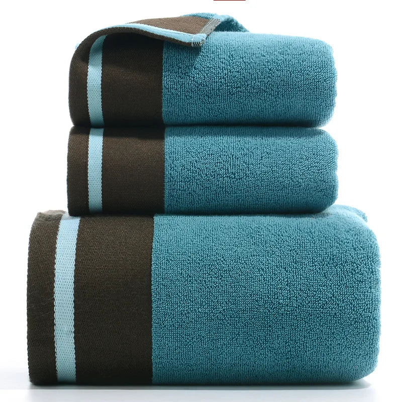 3-piece bamboo cotton towel set in earthy green and brown color-block for modern bathroom décor