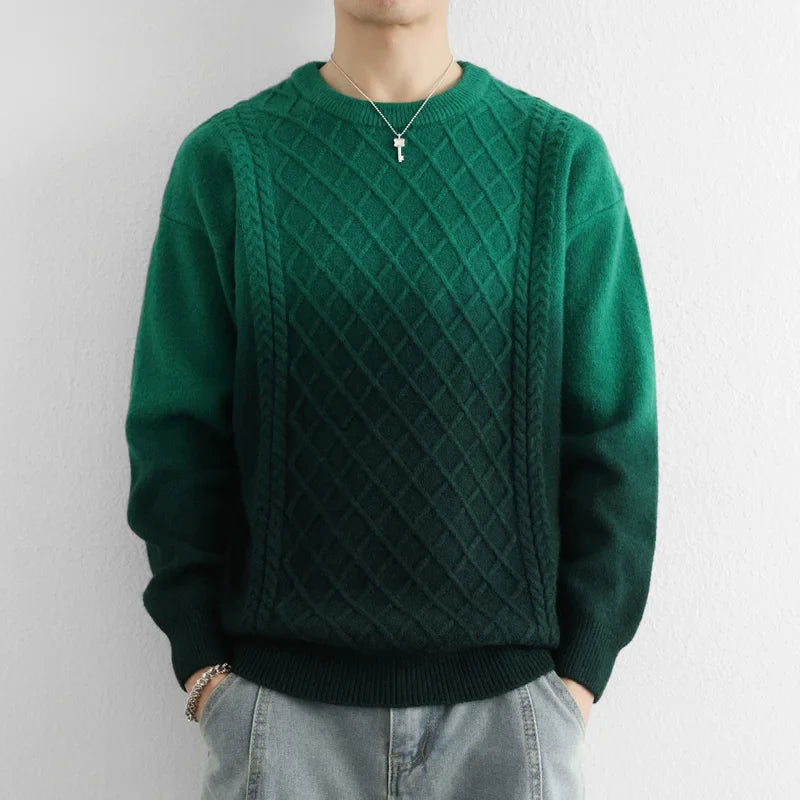 Gradient diamond cable-knit sweater with subtle color fade, cozy relaxed fit for smart-casual layering