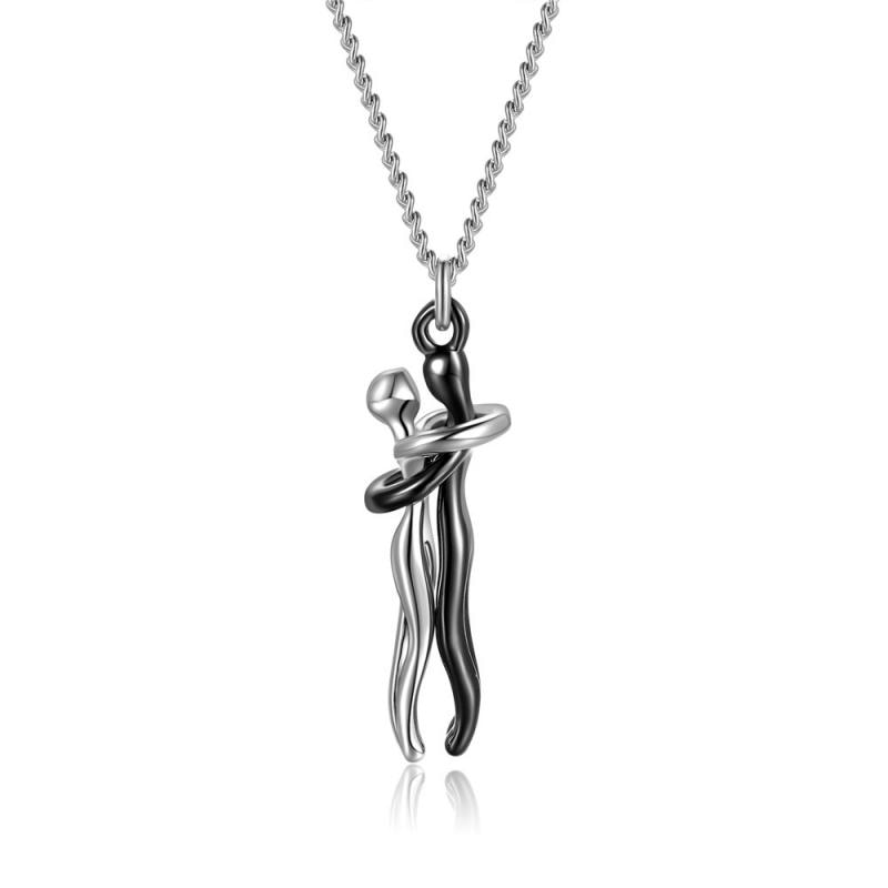 Stainless steel love hug necklace with two embracing figures, high-polish finish romantic pendant