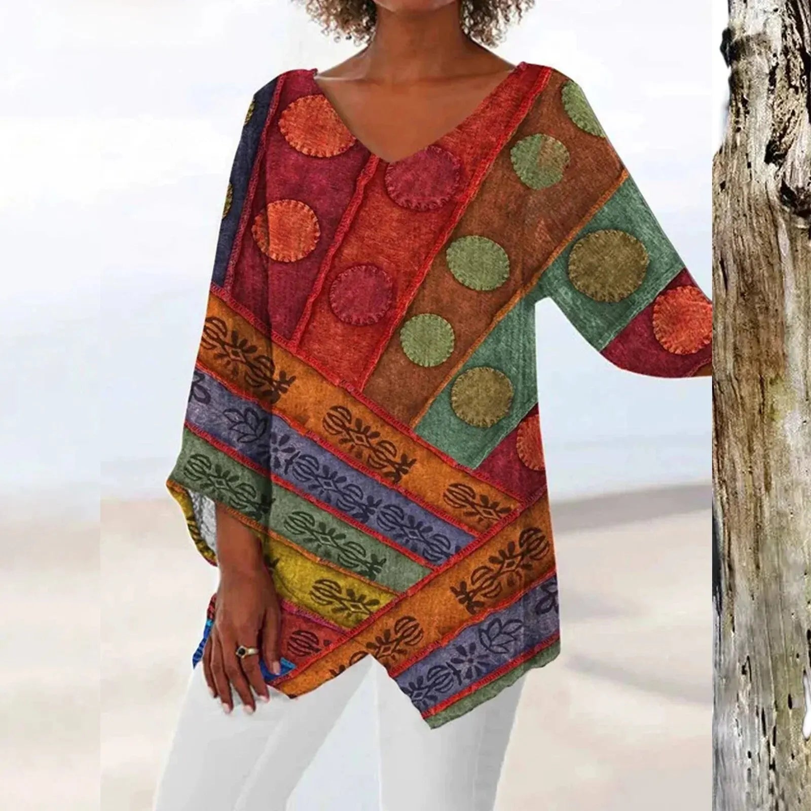 Women's vintage V-neck long sleeve top with elegant print, lightweight breathable fabric, classic fit