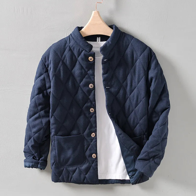 Men's olive quilted jacket band collar button front patch pockets smart regular fit