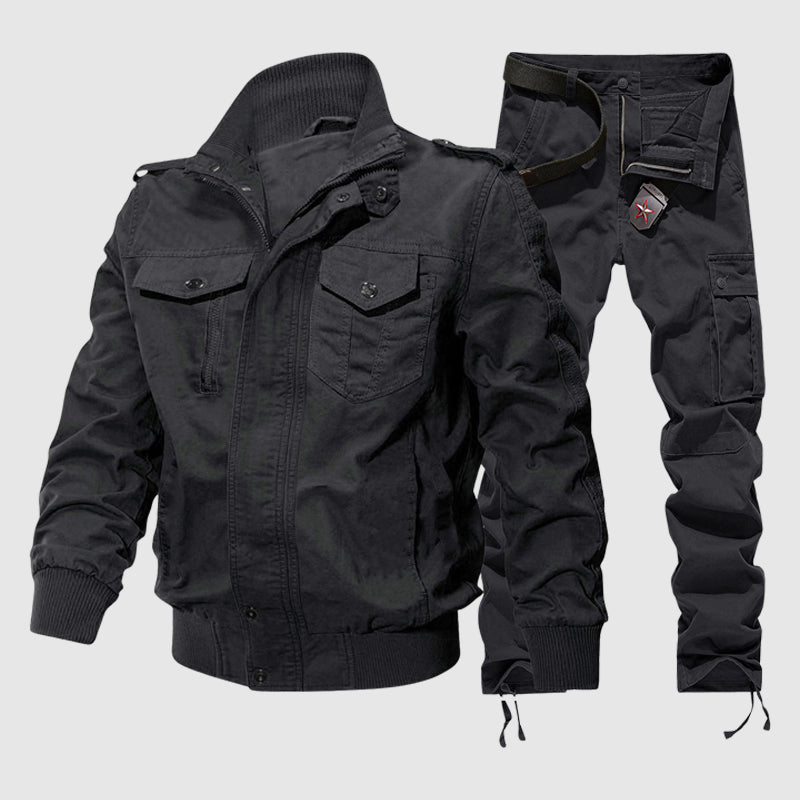 Men relaxed fit cargo jacket pants set stand collar epaulets, casual two-piece winter ensemble