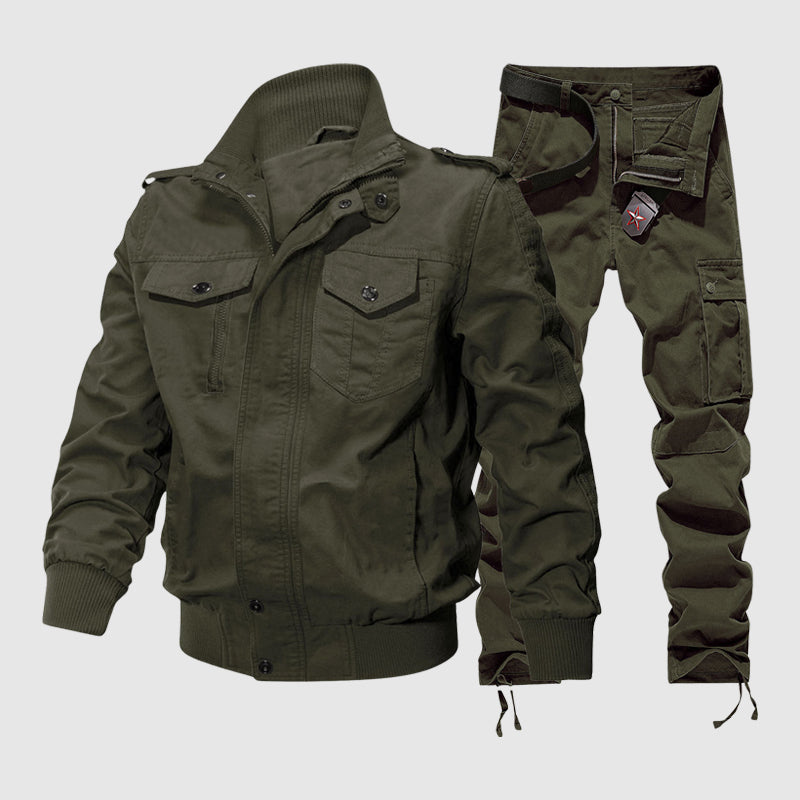 Men's olive tactical cargo set cotton-blend stand collar jacket reinforced seams outdoor style