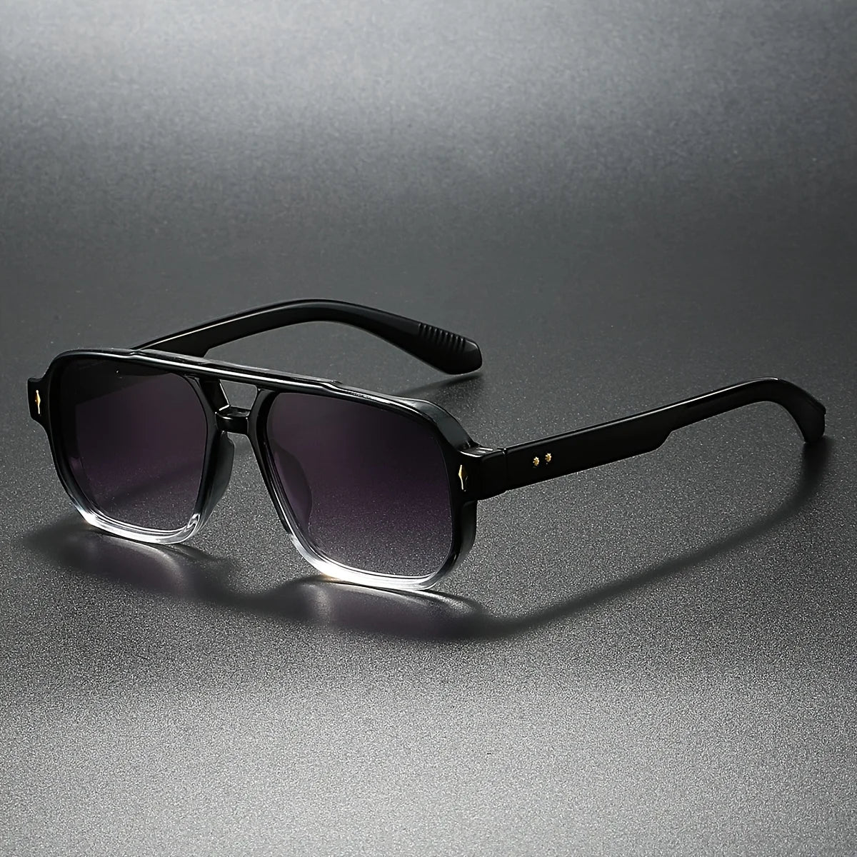 Matte black square aviator sunglasses UV400 lenses gold pin accents vintage style night driving