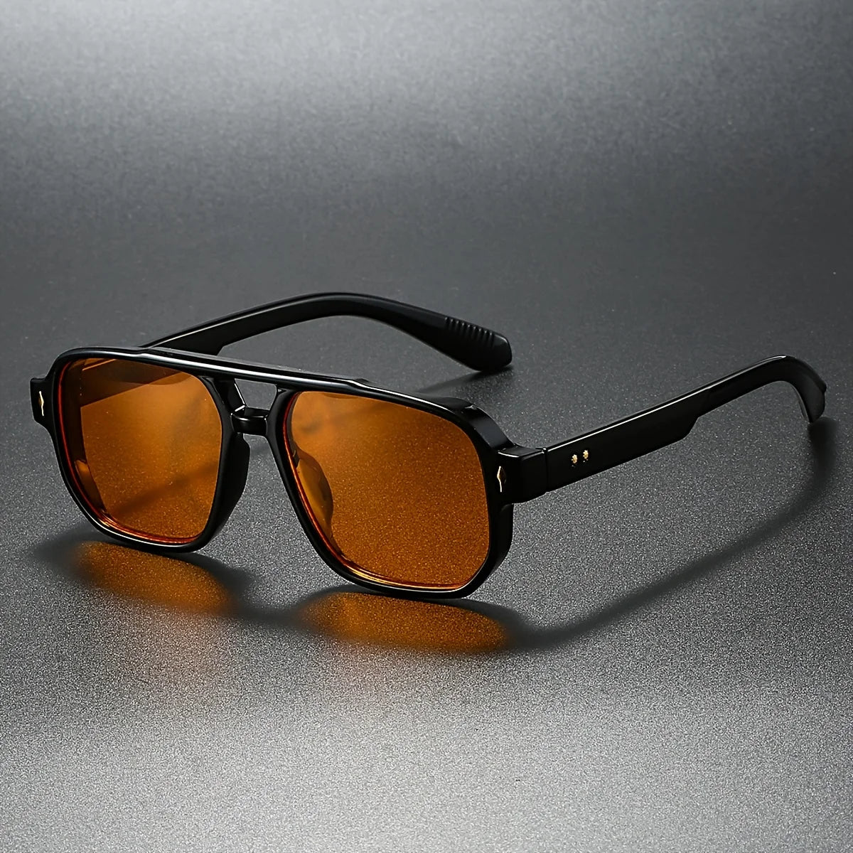 Matte black square aviator sunglasses UV400 lenses gold pin accents vintage midnight style