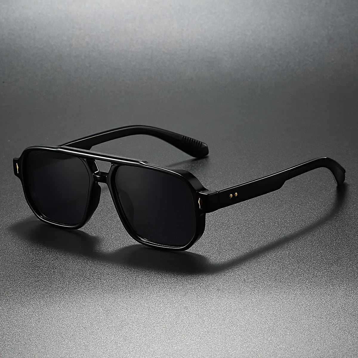 Matte black square aviator sunglasses UV400 lenses gold pin accents vintage night driver style