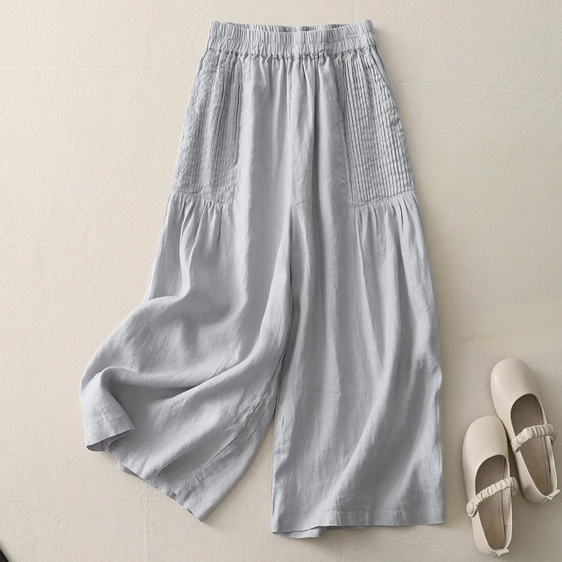 Women beige linen wide-leg cropped pants with pintuck pleats, lightweight breathable fabric