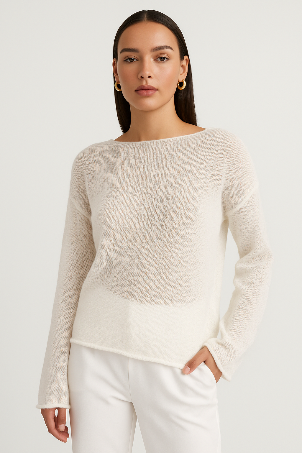 Sheer textured knit sweater relaxed silhouette lightweight ivory minimalist rolled hem layer