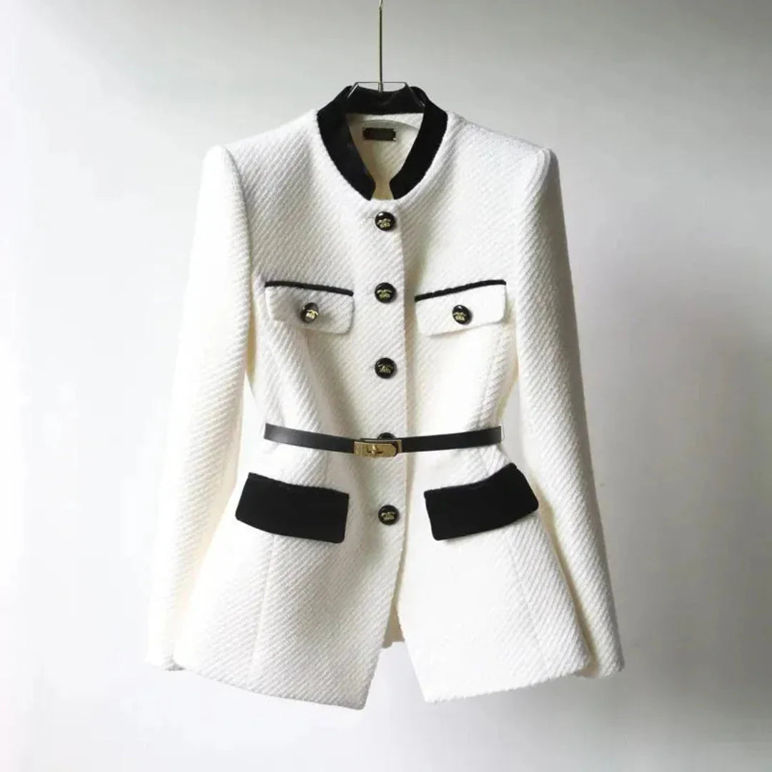 Ivory tailored blazer with gold-tone buttons and belted waist, structured silhouette for professional women