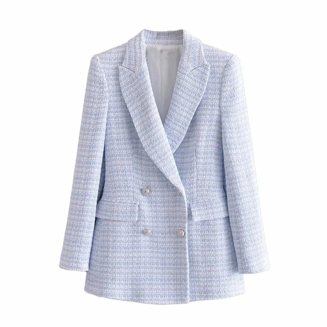 Women's double-breasted tweed blazer structured silhouette office chic timeless tailoring premium fabric