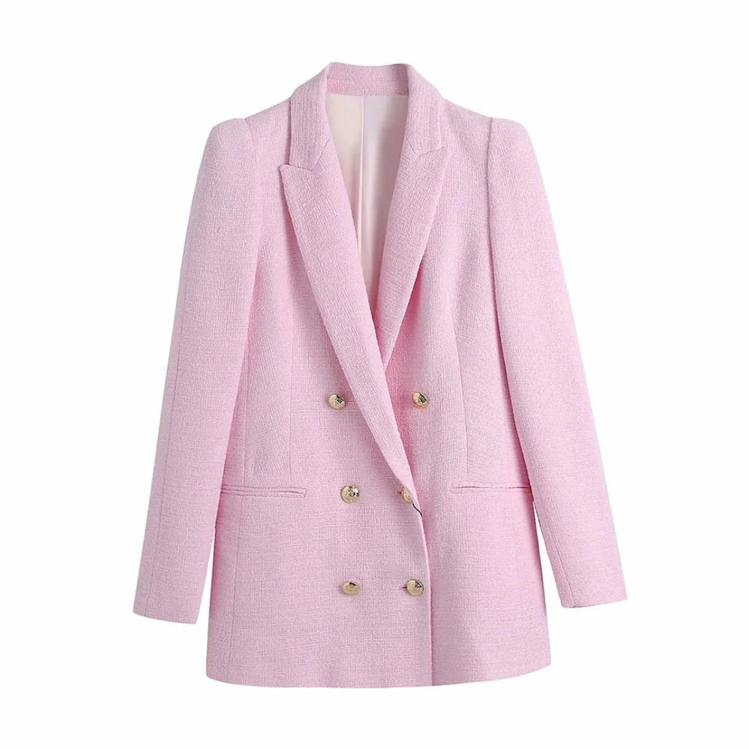 Women's double-breasted tweed blazer structured silhouette office chic classic tailored fit