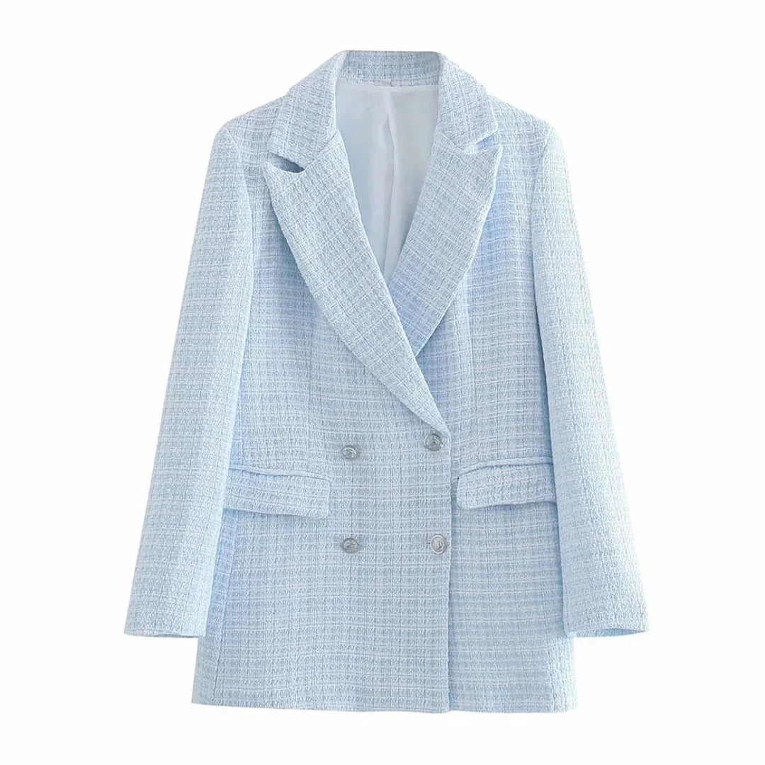 Women's double-breasted tweed blazer structured silhouette office chic tailored premium fabric
