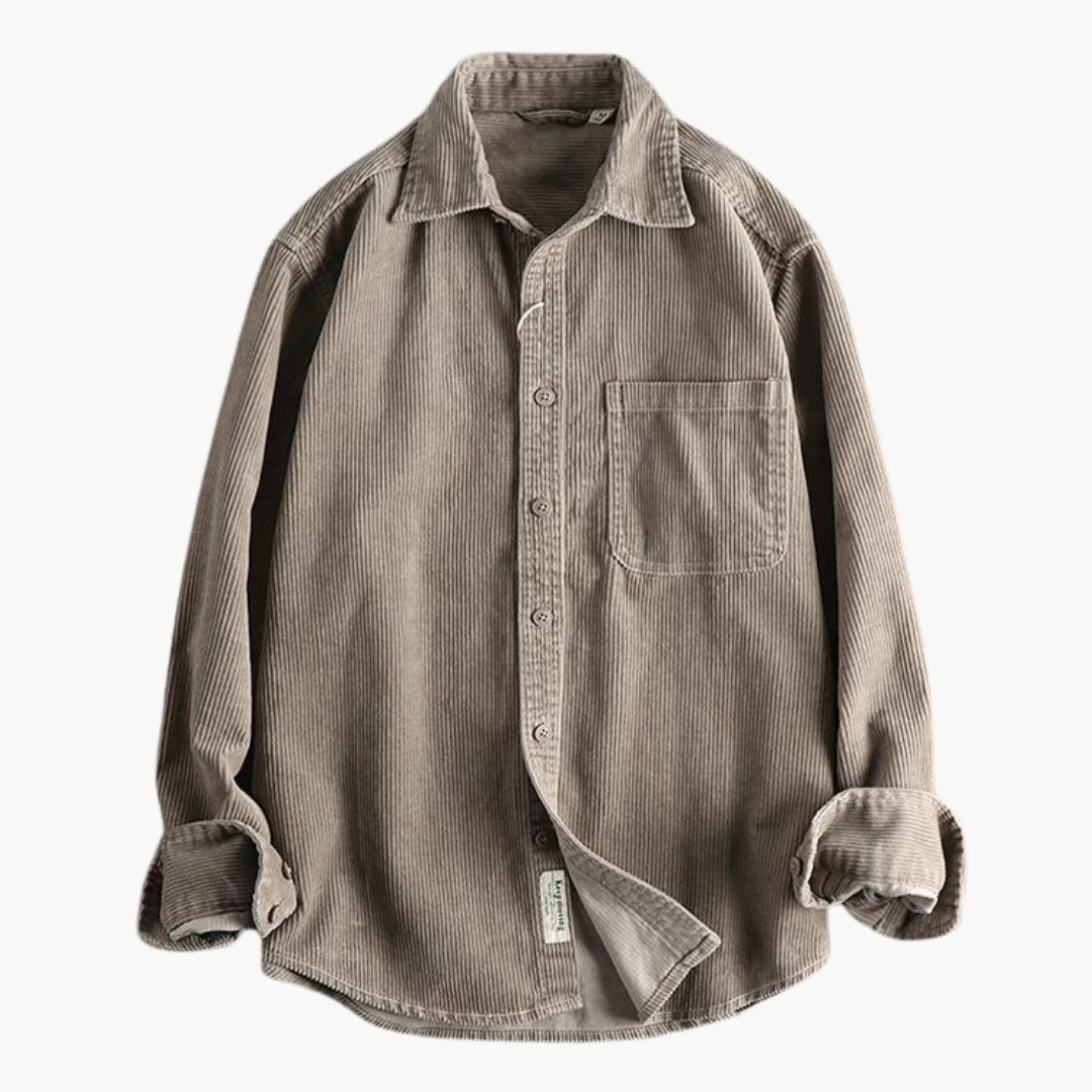 Men's brown corduroy long sleeve shirt with classic rugged texture, ideal for casual layering