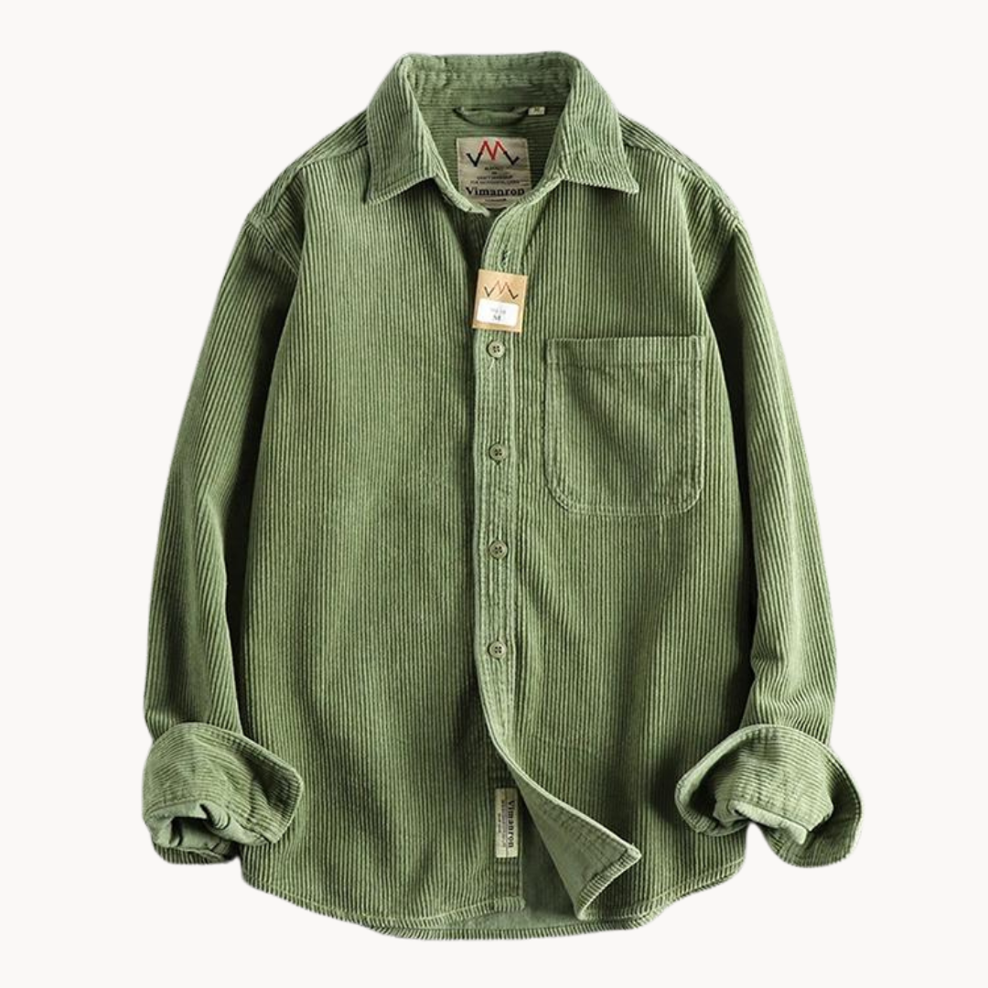 Men's brown corduroy long sleeve shirt with classic rugged texture, relaxed casual fit for easy layering