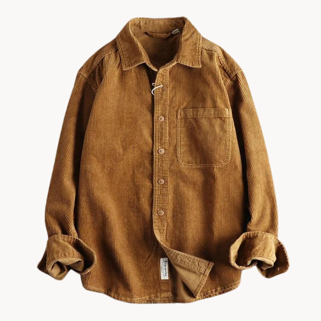 Men's brown corduroy long sleeve shirt with classic relaxed fit and rich textured fabric for layering