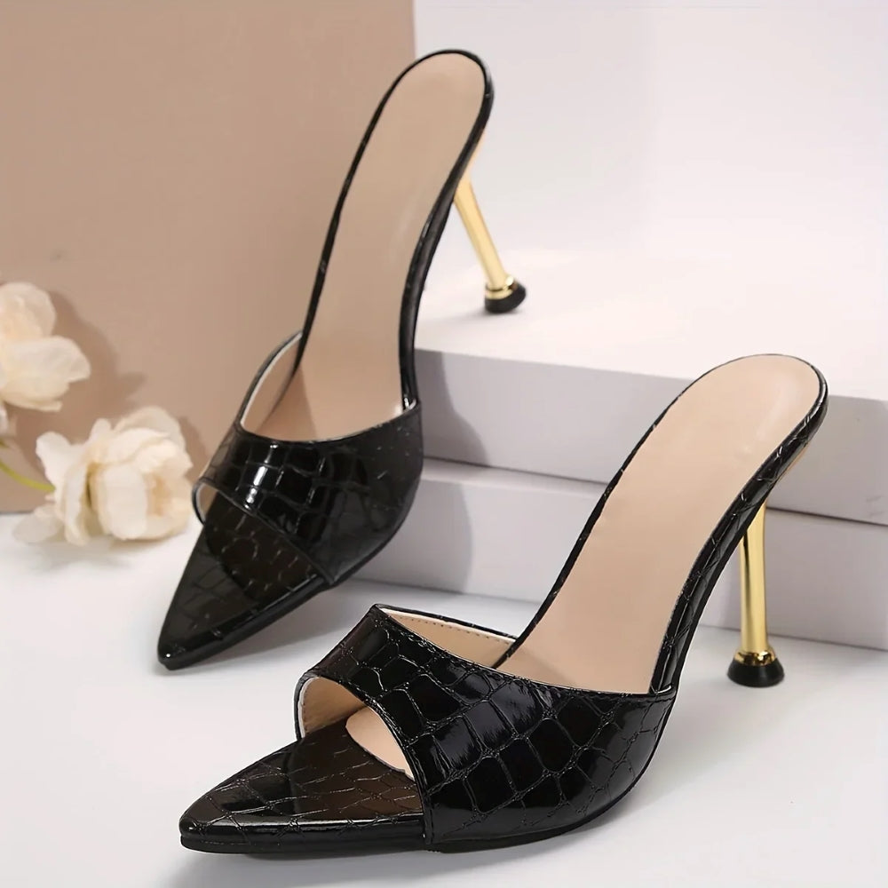Black croc-embossed vegan leather stilettos with patent shine and 9cm heel