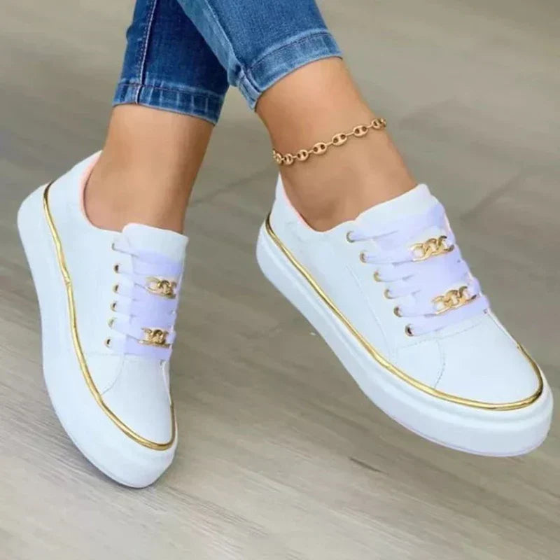 Maxine | Women's Black Platform Sneakers with Gold Chain Detail
