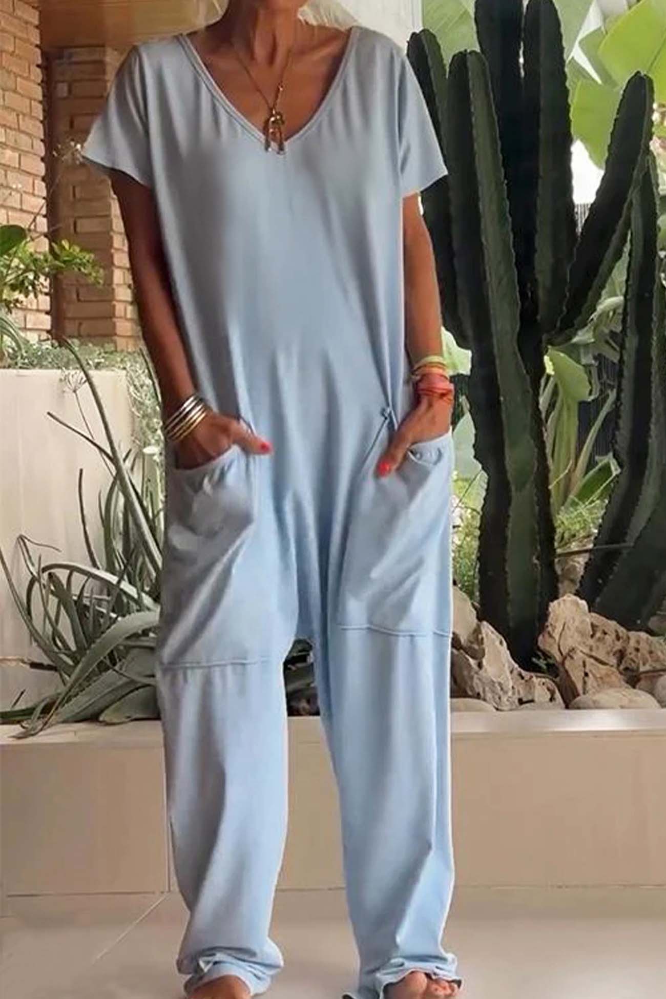 Breezy | Women's V-Neck Short Sleeve Loose Jumpsuit with Pockets