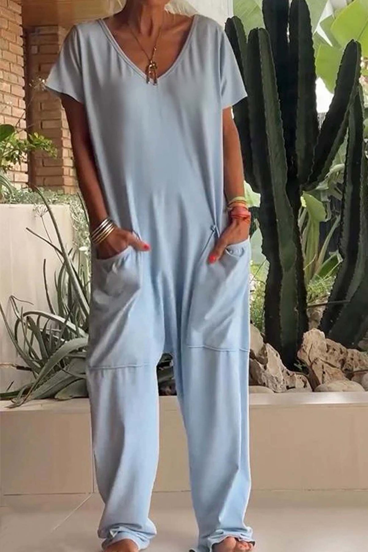 Breezy | Women's V-Neck Short Sleeve Loose Jumpsuit with Pockets