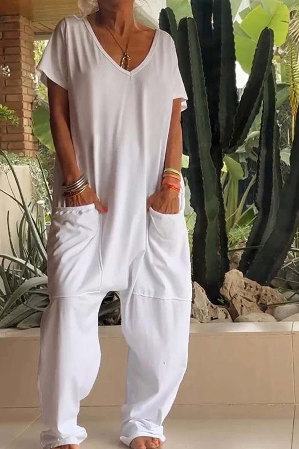 Breezy | Women's V-Neck Short Sleeve Loose Jumpsuit with Pockets
