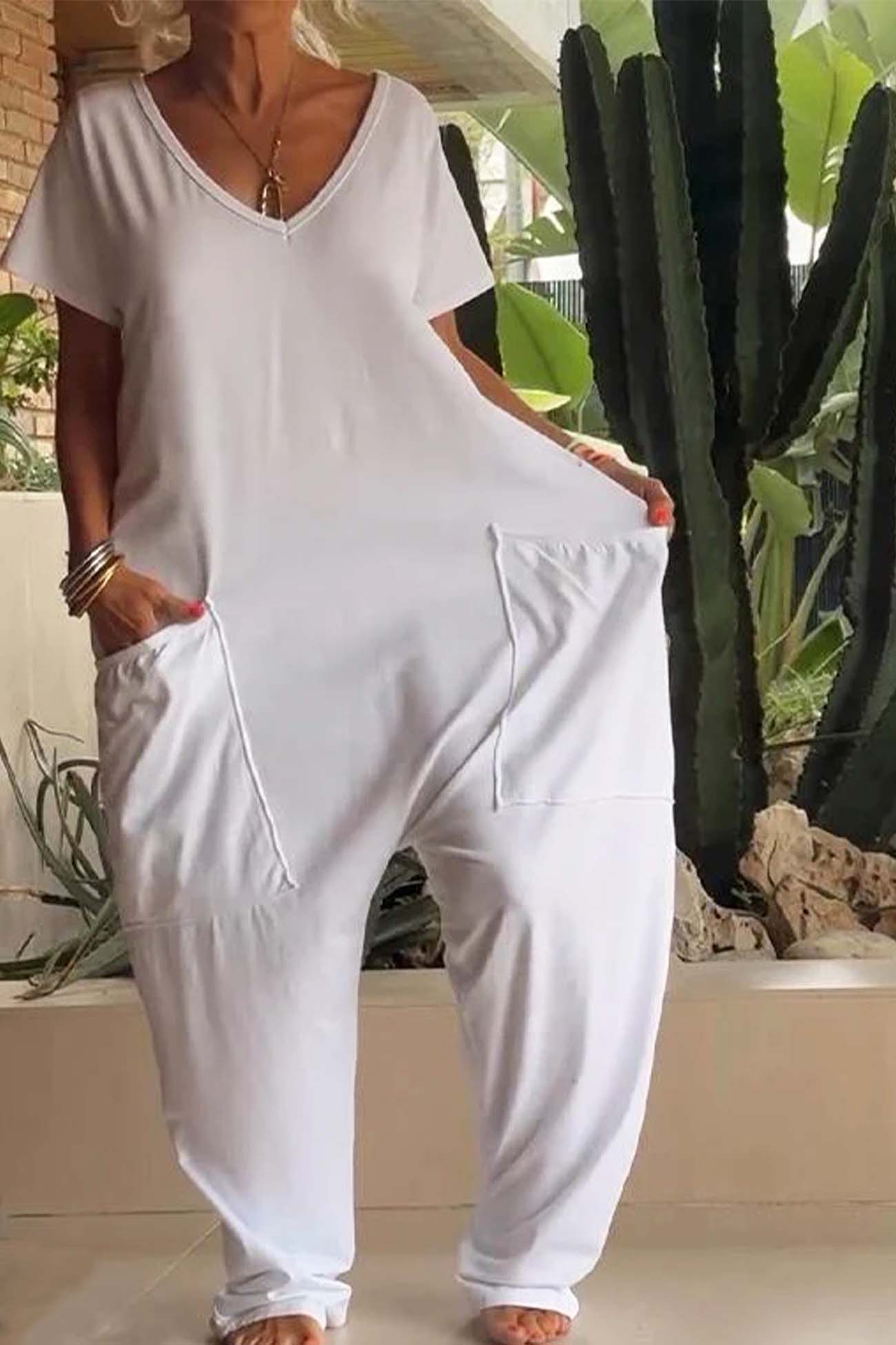 Breezy | Women's V-Neck Short Sleeve Loose Jumpsuit with Pockets