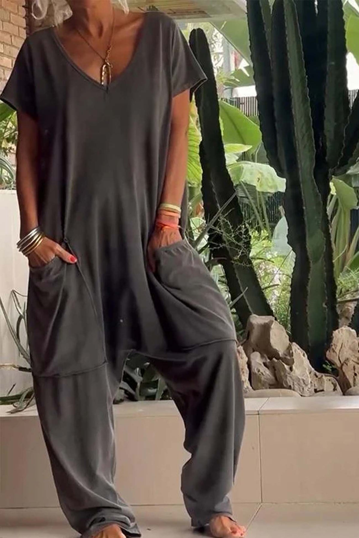 Breezy | Women's V-Neck Short Sleeve Loose Jumpsuit with Pockets