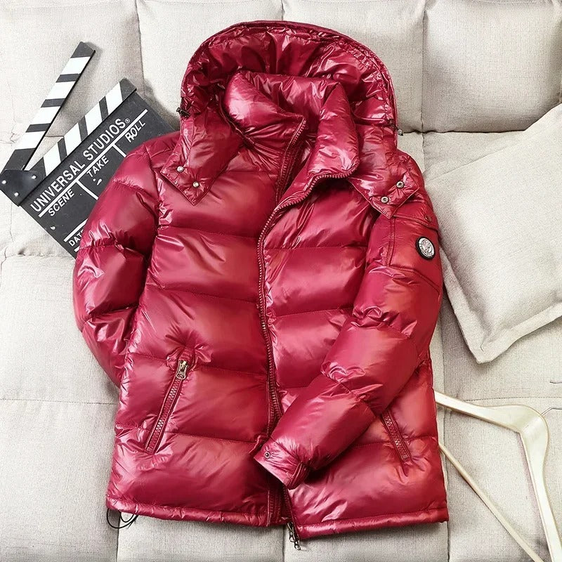 Men's short hooded down puffer jacket bold shine structured fit cold weather urban streetwear