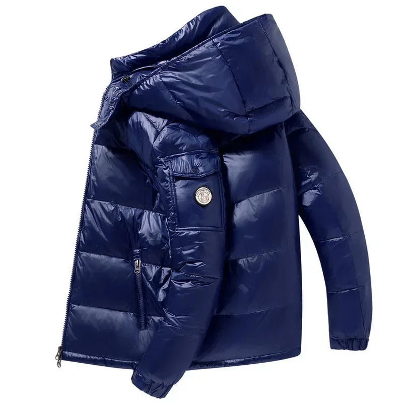 Men's short hooded puffer jacket bold shiny finish structured fit cold weather urban style