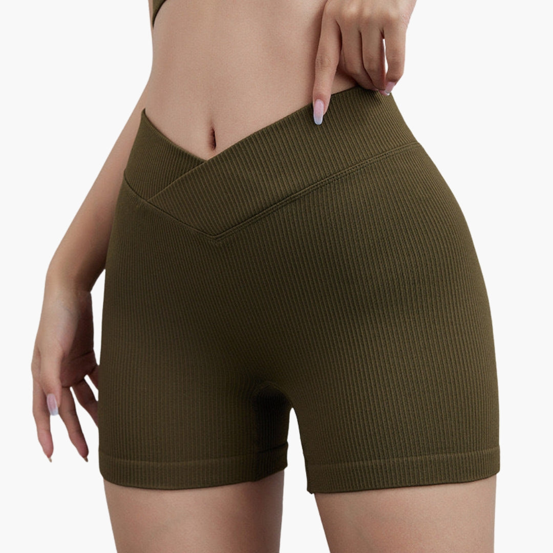 Women's ribbed mid-thigh shorts with V-shaped elastic waistband and stretchy pull-on design