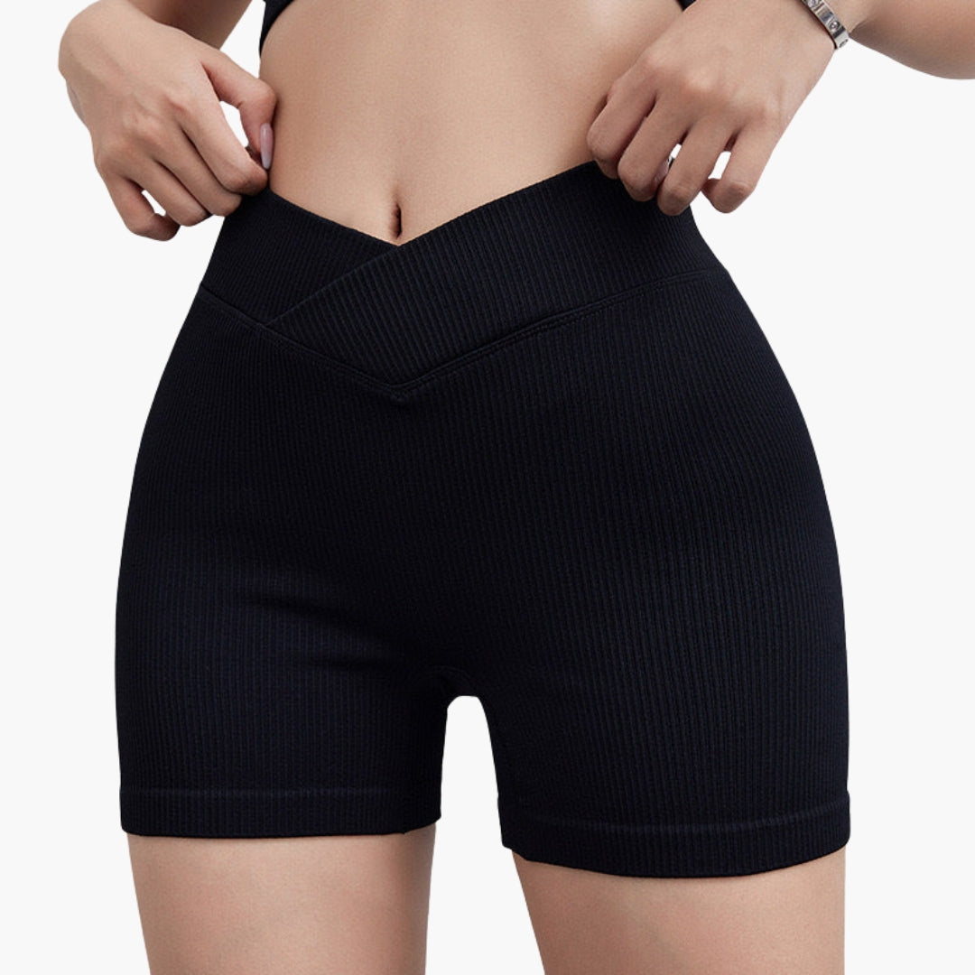 Women's ribbed mid-thigh shorts with V-shaped elastic waistband and stretchy pull-on design