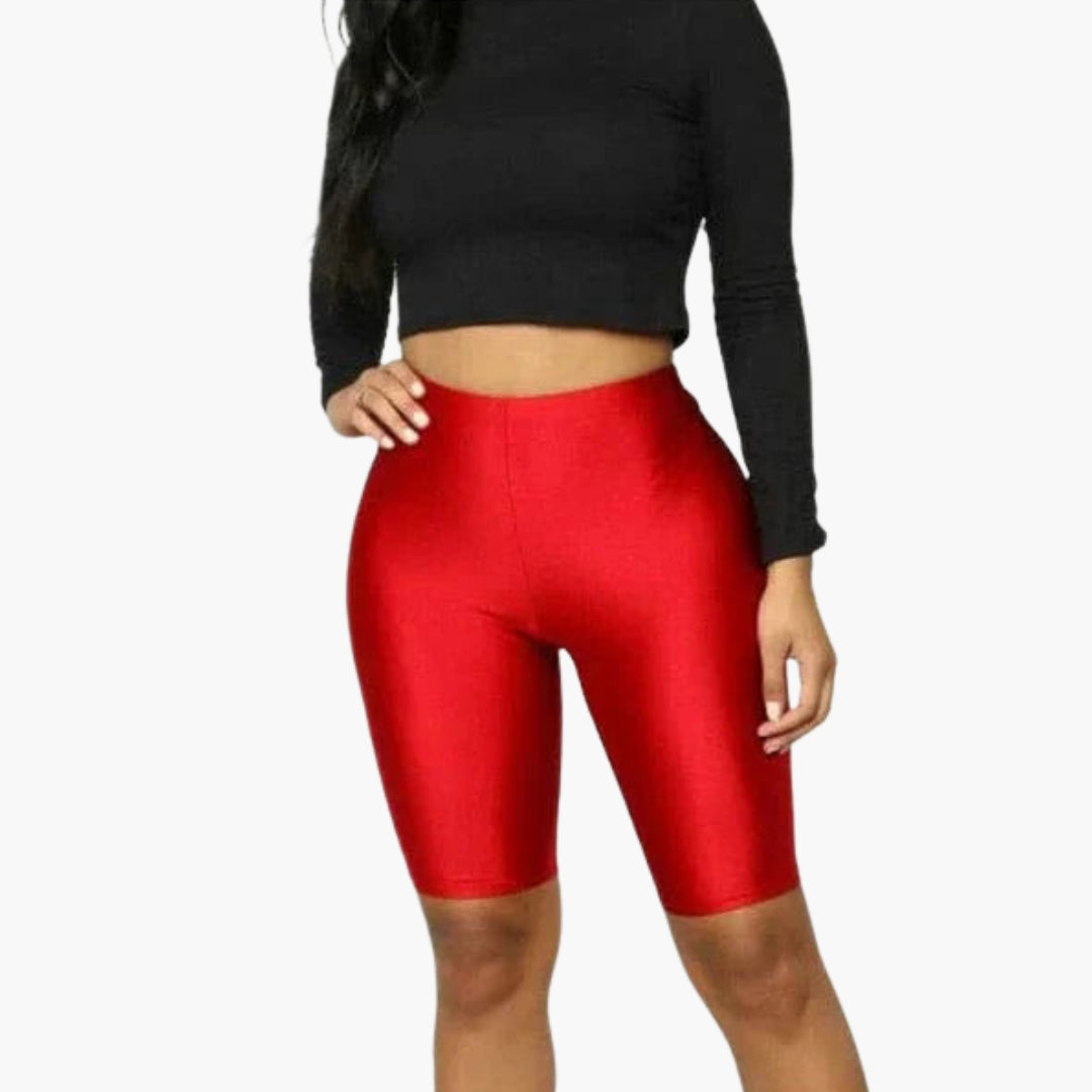 Women's shiny high-waist knee-length sports shorts with pull-on fit and smooth stretchy texture