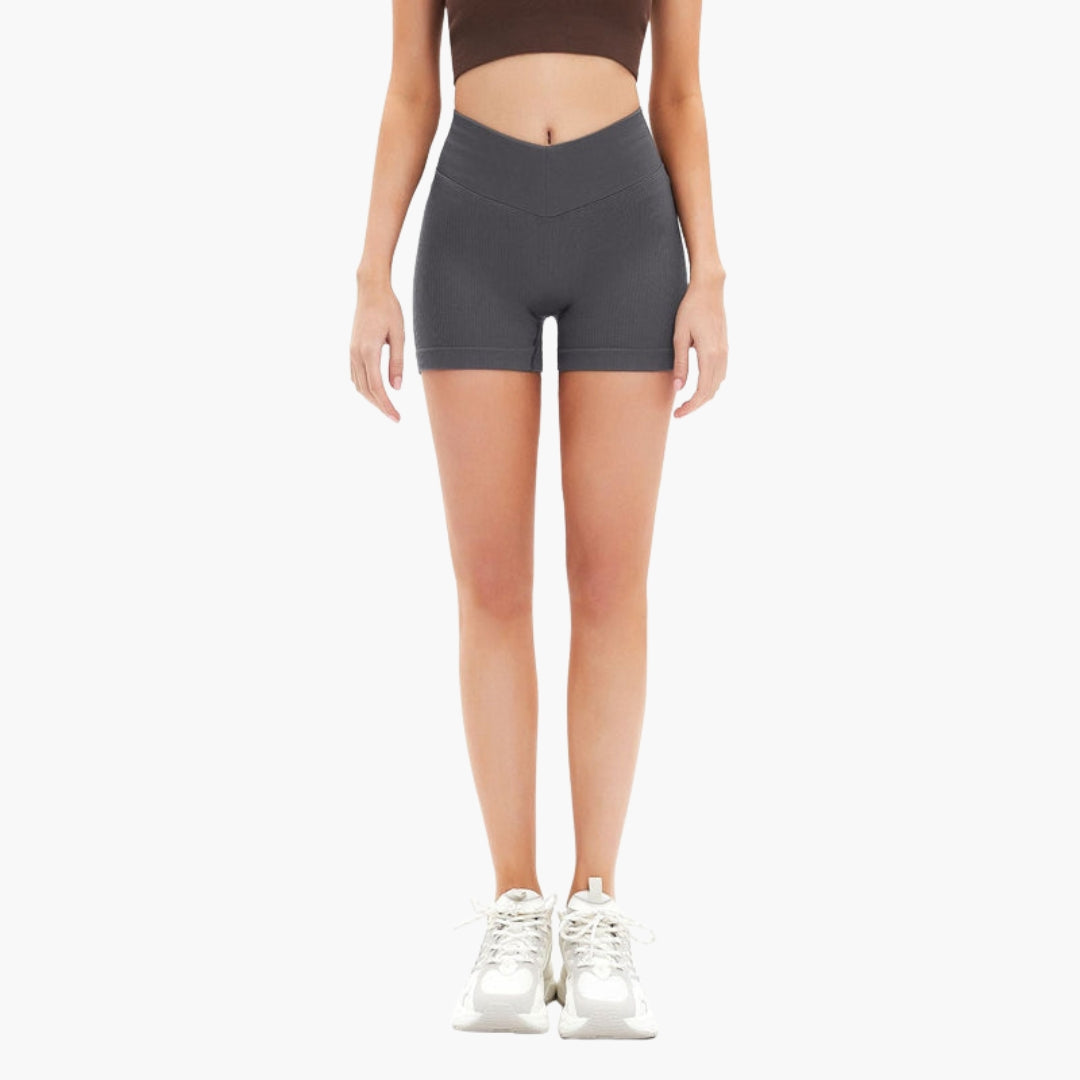 Women's ribbed high-waisted sports shorts with wide elastic waistband, quick-dry active fit