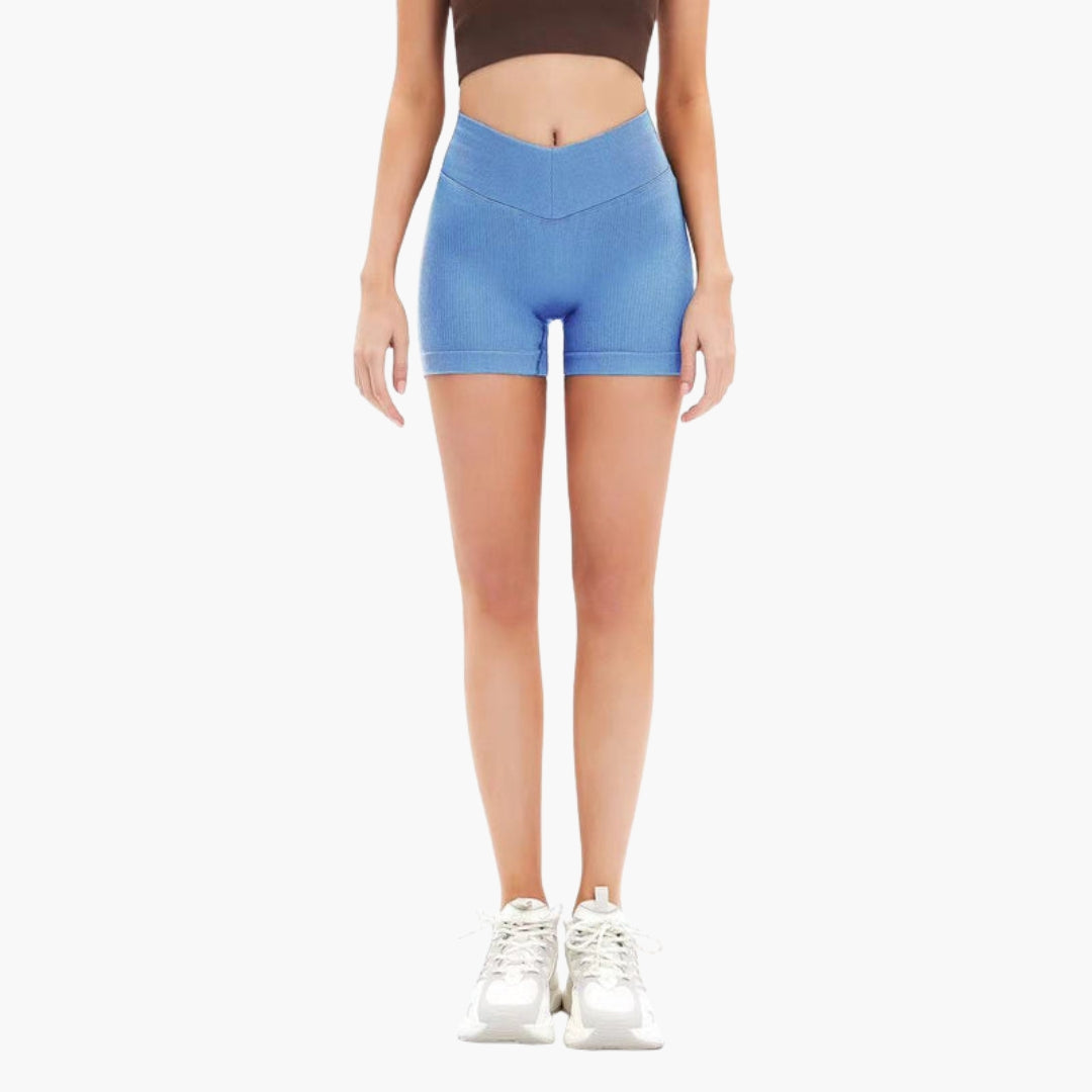 Women's ribbed high-waisted sports shorts with wide elastic waistband, quick-dry active fit