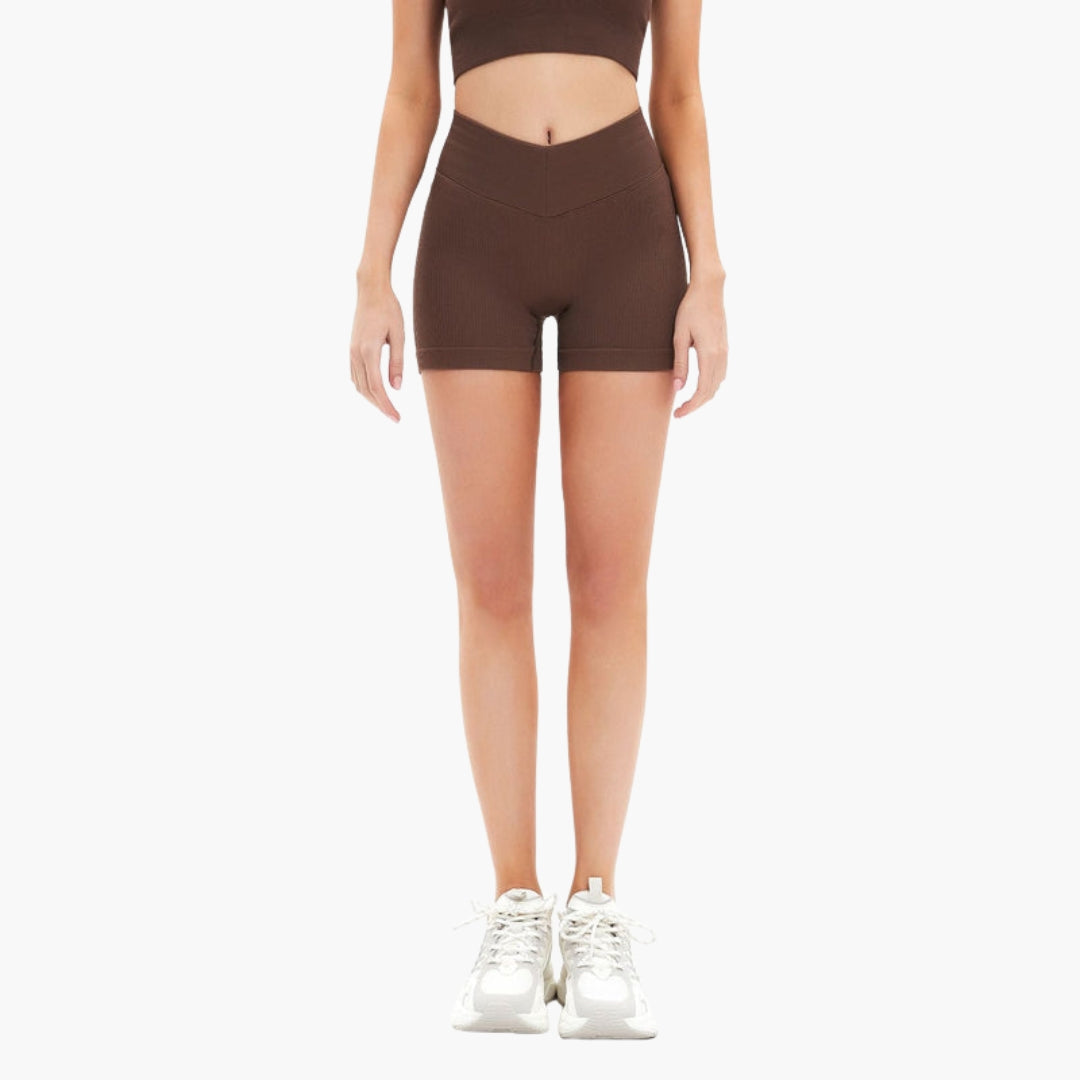 Women's ribbed high-waisted sports shorts with wide elastic waistband, quick-dry active fit