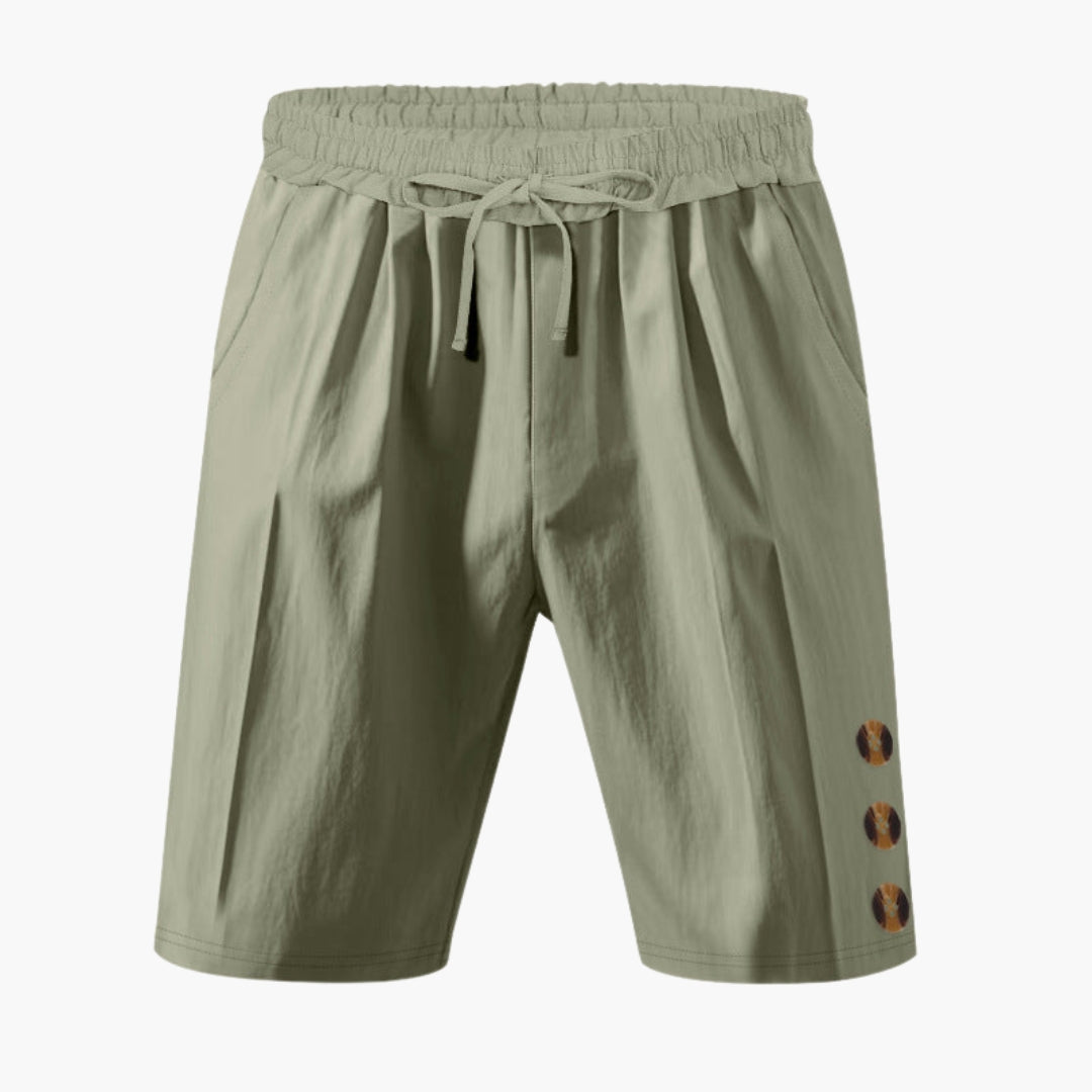Men's gray athletic shorts elastic drawstring waistband loose straight-leg cut side pockets