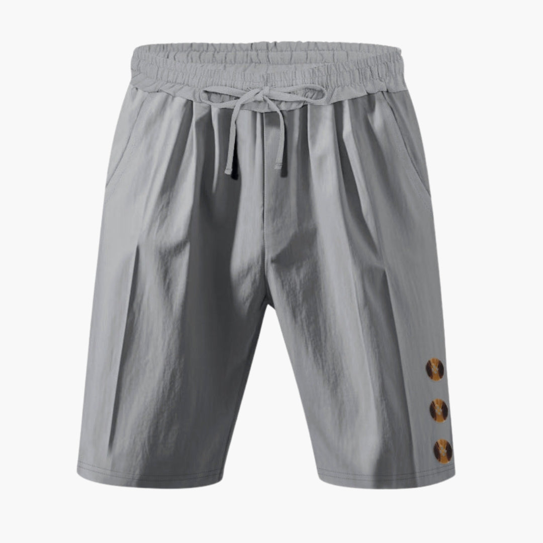 Men's gray athletic shorts elastic drawstring waistband side pockets loose straight-leg cut