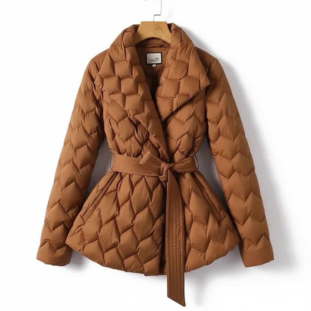 Women's quilted coat shawl collar belted waist regular fit winter outerwear casual chic