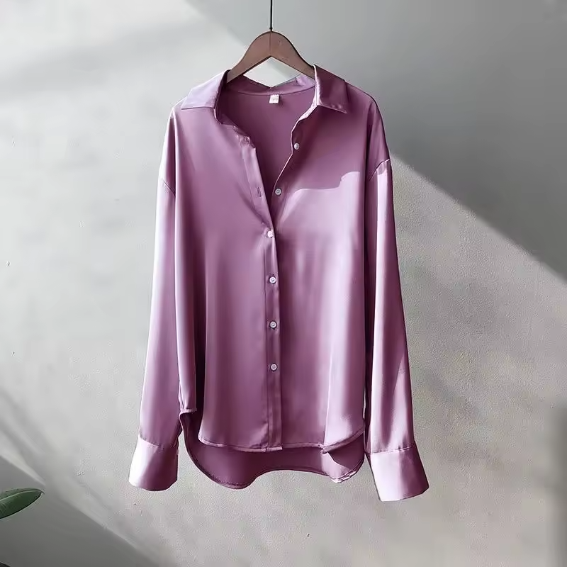 Women's silk satin blouse elegant fluid fit structured collar workwear polished glossy finish