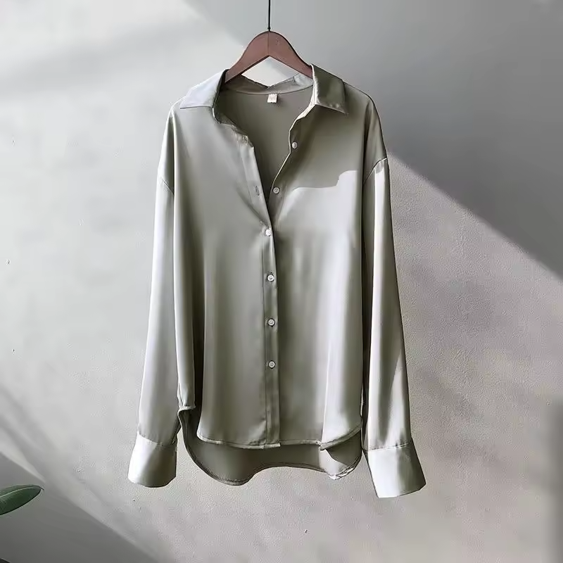 Women's silk satin blouse fluid relaxed fit structured collar glossy finish elegant workwear top