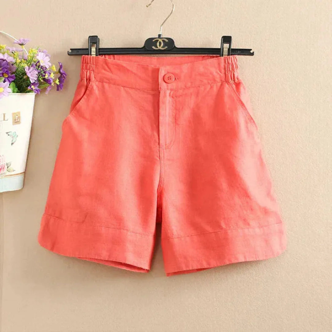 Women's beige linen blend relaxed fit shorts with elastic waistband for all-day summer comfort