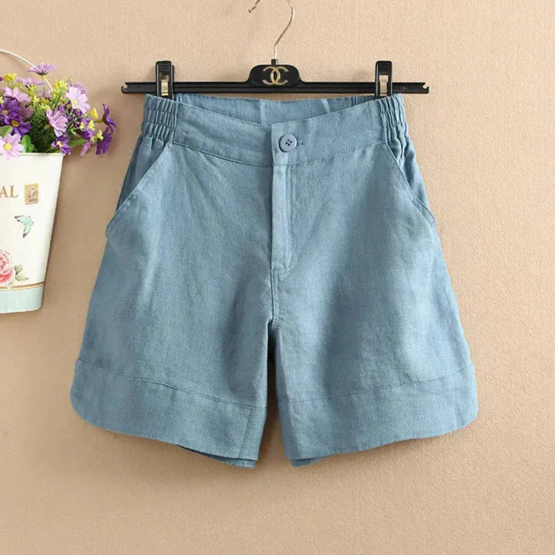 Women's beige linen relaxed-fit shorts with elastic waistband for all-day breathable summer comfort