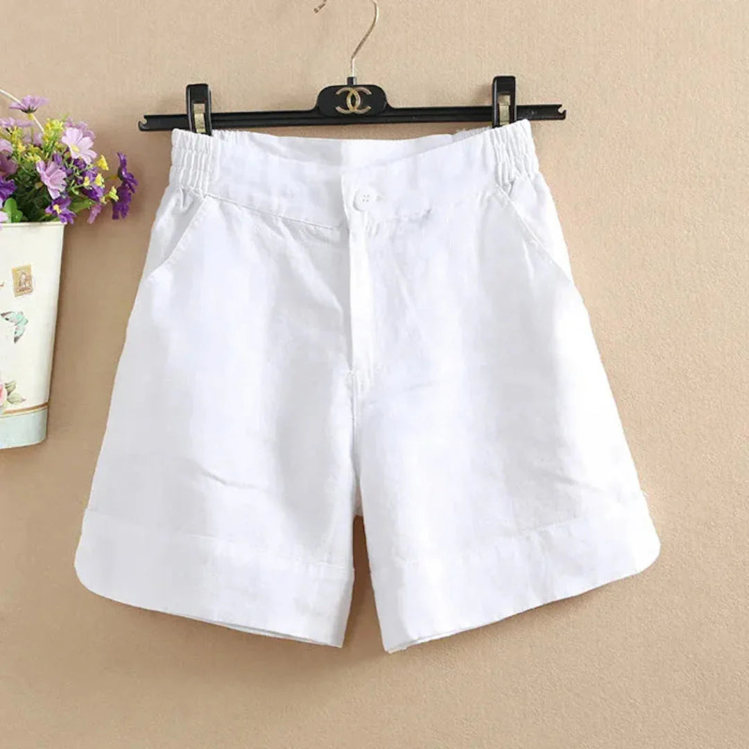 Women's beige linen relaxed-fit shorts with elastic waistband, breathable summer style
