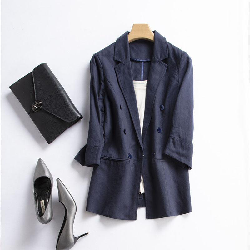 Women's sienna linen blend blazer double breasted notch collar ruched 3/4 sleeves lightweight layering