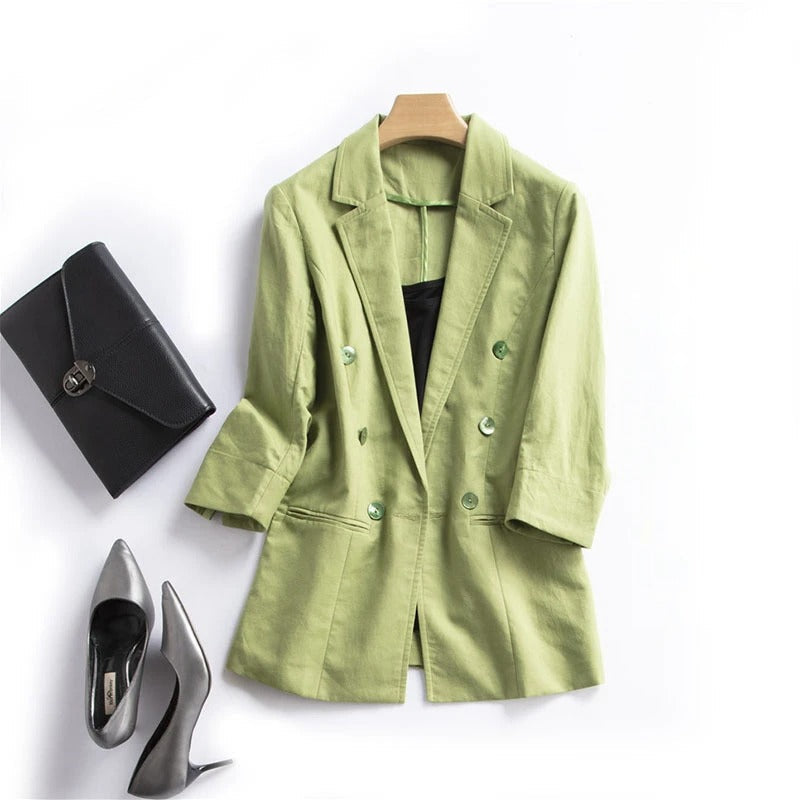 Sienna linen blend blazer with ruched 3/4 sleeves, double-breasted notch collar, lightweight women's layer