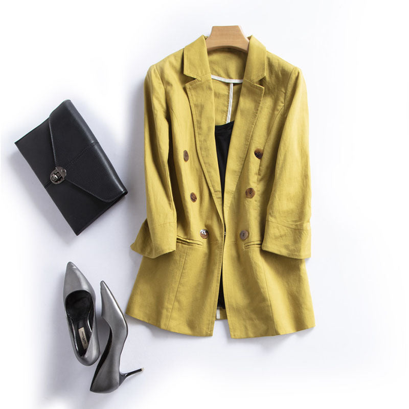 Women's linen blend blazer double breasted notch collar ruched 3/4 sleeves lightweight tailored fit